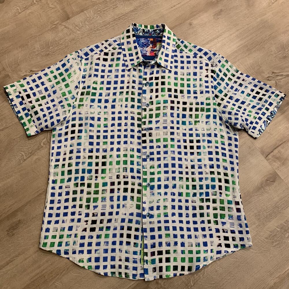 Robert Graham Abstract Windowpane Button Up Shirt Men's Large L Silk Blend White